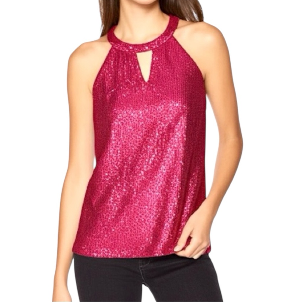 Cable & Gauge Pink Sequin Sleeveless Halter Top Tank With Keyhole Size Xlarge